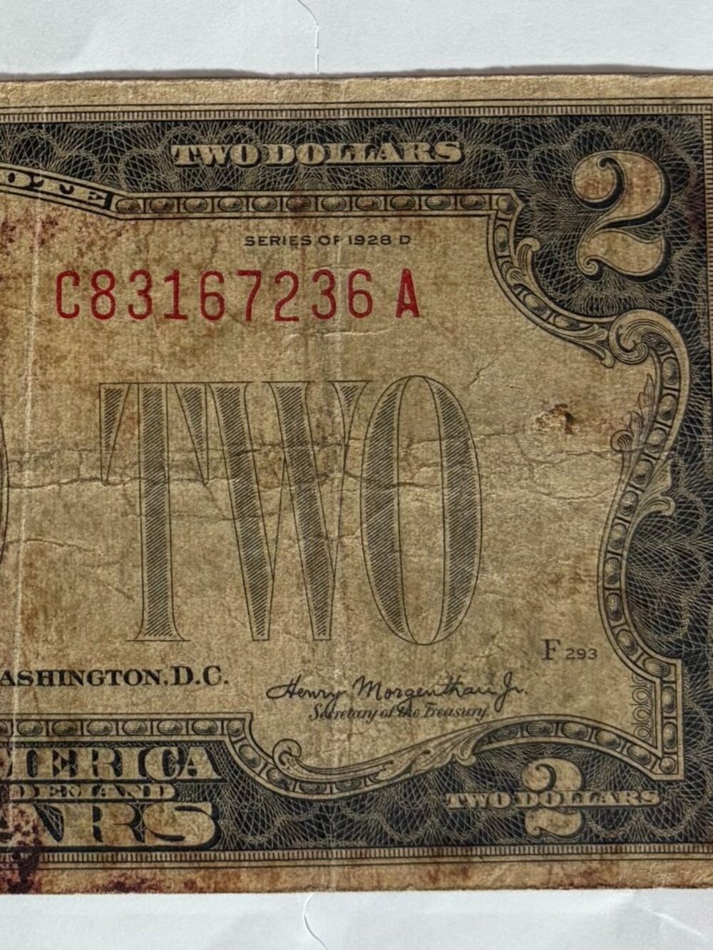 Vintage 1928-D $2 Two Dollar Bill Red Seal US Currency Circulated Note RARE